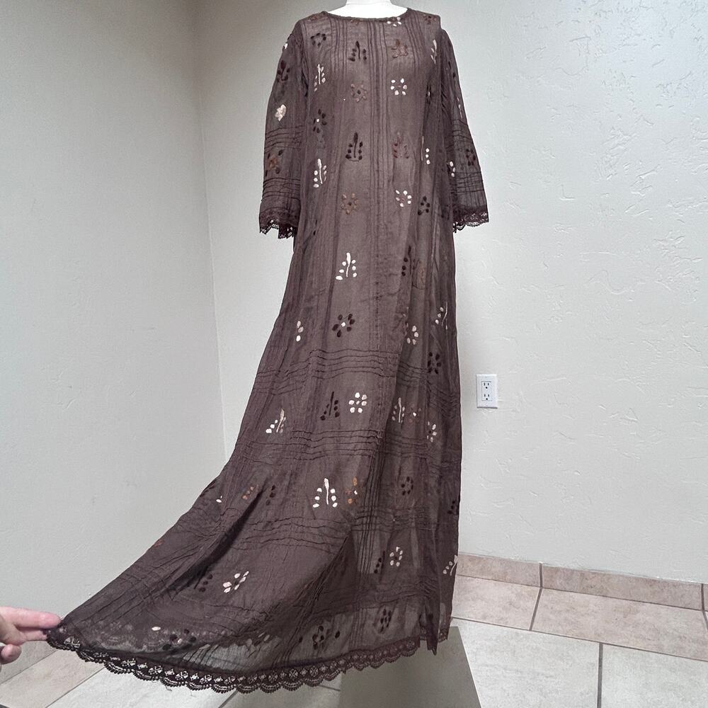 Vintage Sheer Embroidered Maxi Dress Chocolate Brown Prairie Cottage Lace M L